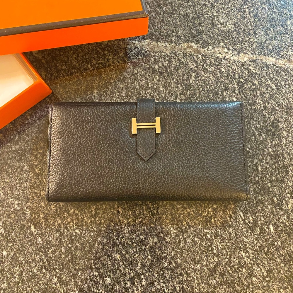 HERMES AUTHENTIC BEARN WALLET Black Epsom Leather Palladium Plated Hardware